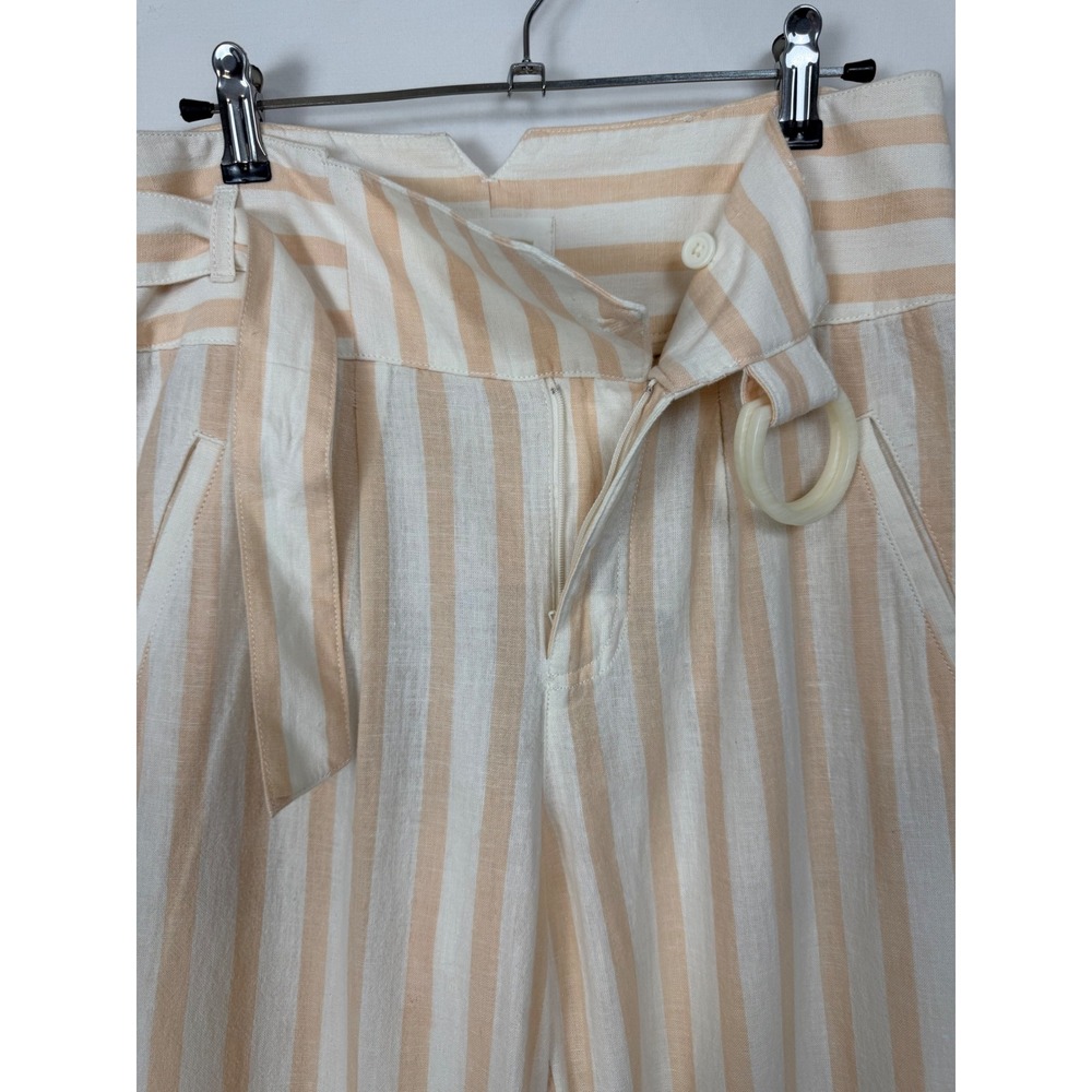 Anthropologie Striped Paperbag‎ Pants Womens 4 Peach White Linen Blend Belted - Picture 11 of 13